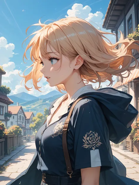  a woman whose hair is shaking in the wind、Clothes are shaking too 