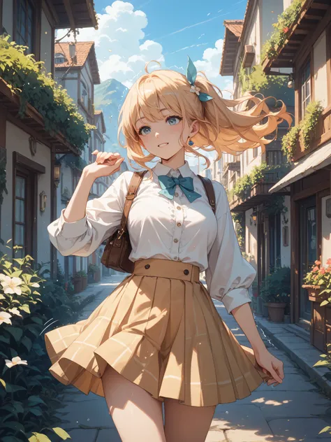  a woman whose hair is shaking in the wind、Clothes are shaking too 
