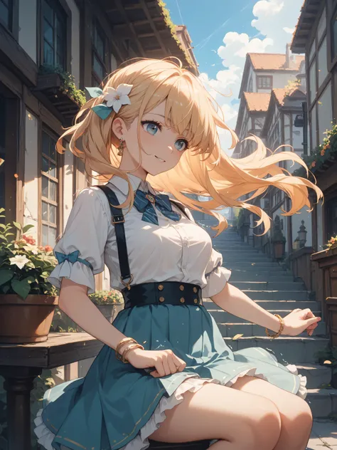 a woman whose hair is shaking in the wind、Clothes are shaking too 