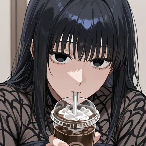 osaragi in sakamoto days, looking at viewer, attractive, close up, beautiful, drinking iced coffee, black dark eyes, blank eyes