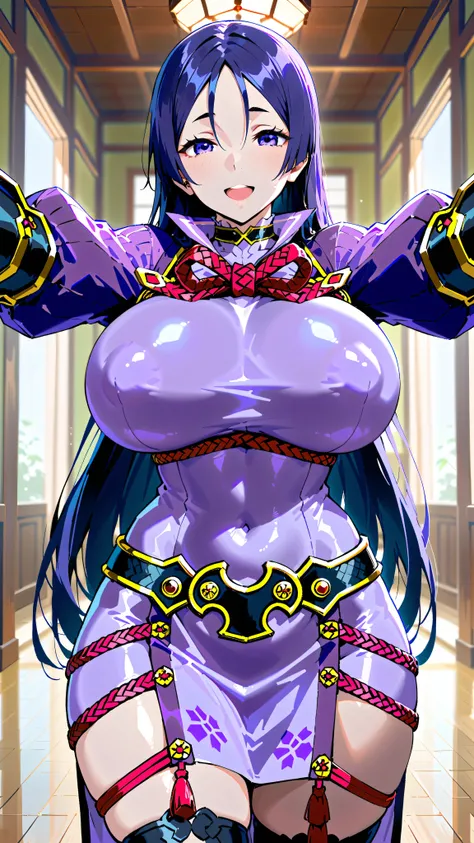 Solo, girl, Minamoto no raikou, minamoto outfit, long straight hair, purple hair, large soft and firm breasts, maternal look, thin waist, perfect hips, feminine position, open arms, waiting for a hug, affectionate smile, violet eyes, long straight hair, ha...