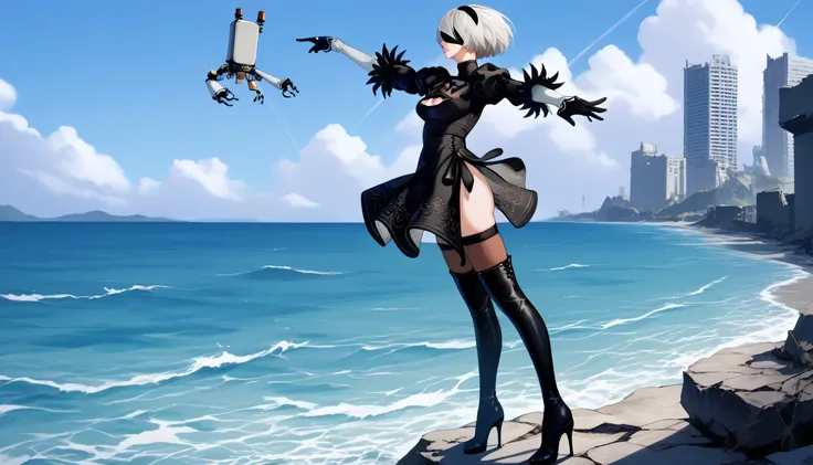 view from side, nier2Bde, blindfold, black blindfold, hairband, white hair, short hair, medium breasts, clothing cutout, cleavage cutout, black dress, puffy sleeves, feather-trimmed sleeves, black gloves, leotard, skirt, black thigh highs, thigh boots, bla...