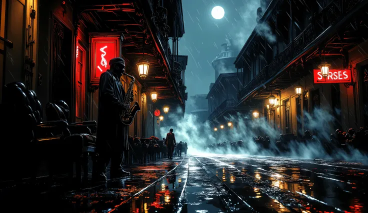 Lone jazz saxophonist, rain-drenched street corner in New Orleans French Quarter, playing saxophone soulfully, night scene 1940s, steam rising from manholes, wet cobblestone streets reflecting neon signs, historic ornate buildings, dramatic low-key lightin...