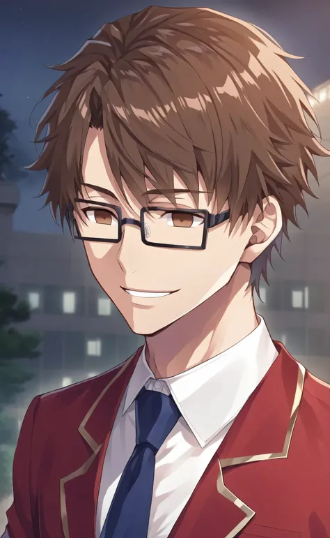 1male,solo,young,sousuke_aizen,brown hair,brown eyes,empty eyes,short hair,square glasses,black glasses,smile,red_blazer, white_shirt,blue necktie,muscle,night,school,male_focus,