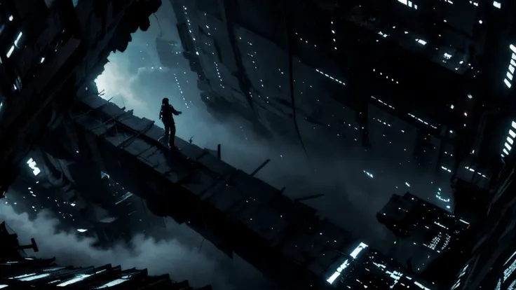 solo,blame, tsutomu nihei, by tsutomu nihei,movie, killy, GBE,1boy ,ova, short hair, black hair,standing in a vast dystopian megastructure, inspired by Tsutomu Nihei's BLAME!,wearing a sleek black tactical exosuit with modular armor plates and complex belt...