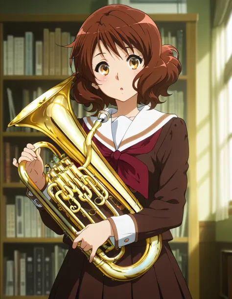 kimou, auburn hair, amber eyes, looking_at_viewer, blush, short_hair, shirt, skirt, brown_hair, long_sleeves, holding, brown_eyes, school_uniform, pleated_skirt, parted_lips, serafuku, sailor_collar, blurry, :o, neckerchief, blurry_background, instrument, ...
