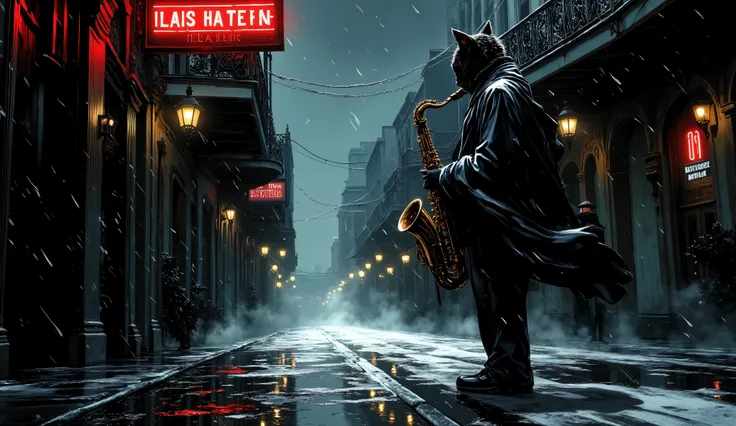 Lone cat jazz saxophonist, rain-drenched street corner in New Orleans French Quarter, playing saxophone soulfully, night scene 1940s, steam rising from manholes, wet cobblestone streets reflecting neon signs, historic ornate buildings, dramatic low-key lig...