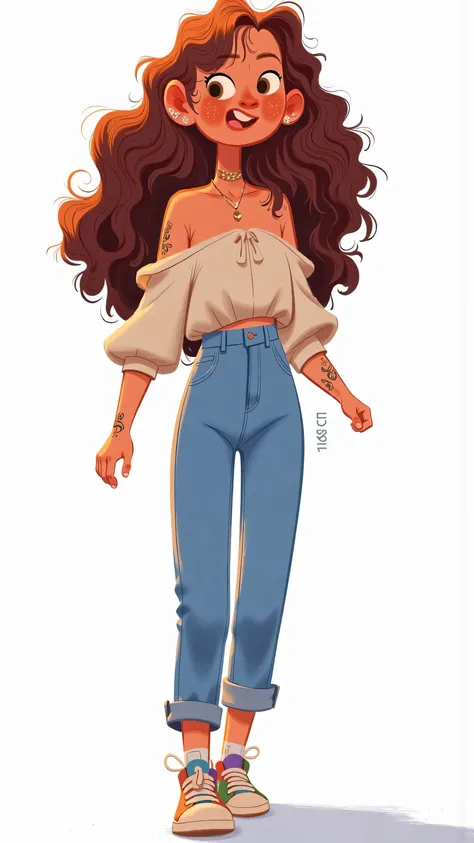 “Space of Consciousness”:Female protagonist(long brown hair,blue jeans, colorful sneakers )walking in an infinite white background,The silhouette-like figure contrasts sharply with the pure white background。echoing around the negative statements she had he...