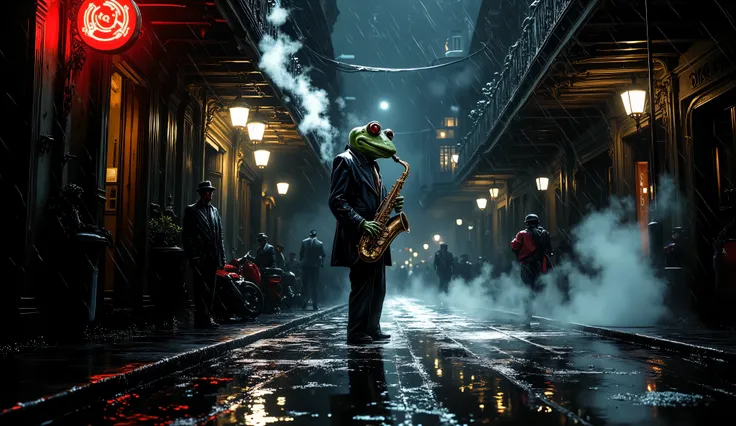 Lone frog jazz saxophonist, rain-drenched street corner in New Orleans French Quarter, playing saxophone soulfully, night scene 1940s, steam rising from manholes, wet cobblestone streets reflecting neon signs, historic ornate buildings, dramatic low-key li...