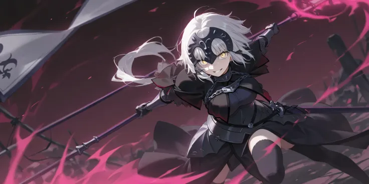 alter jeanne d arc, dynamic angle, looking confident, holding her flag weapon, dynamic posing, cool expression, grin, scary, intimidating aura, masterpiece, darker background, weapons on the ground in the background, hand approaching the viewer