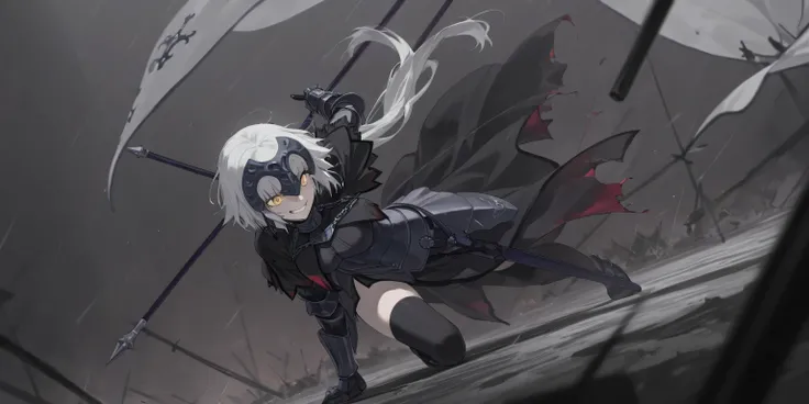 alter jeanne d arc, dynamic angle, looking confident, holding her flag weapon, best posing, grin, scary, intimidating aura, masterpiece, darker background, weapons on the ground in the background, raining