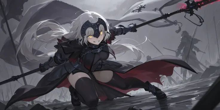 alter jeanne d arc, dynamic angle, looking confident, holding her flag weapon, best posing, grin, scary, intimidating aura, masterpiece, darker background, weapons on the ground in the background, raining