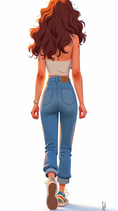 “Space of Consciousness”:camera back camera tracking,Female protagonist(long brown hair,blue jeans, colorful sneakers )walking in an infinite white background,The silhouette-like figure contrasts sharply with the pure white background。echoing around the ne...