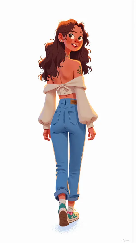 “Space of Consciousness”:camera back camera tracking,Female protagonist(long brown hair,blue jeans, colorful sneakers )walking in an infinite white background,The silhouette-like figure contrasts sharply with the pure white background。echoing around the ne...