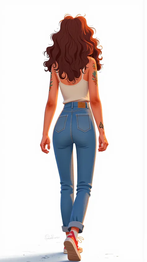 “Space of Consciousness”:camera back camera tracking,Female protagonist(long brown hair,blue jeans, colorful sneakers )walking in an infinite white background,The silhouette-like figure contrasts sharply with the pure white background。echoing around the ne...