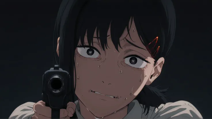 kobeni chainsaw man, looking at viewer, attractive, beautiful, head tilt, blank eyes, dark background, full face, nervous, sweat, pointing a gun, masterpiece, best quality