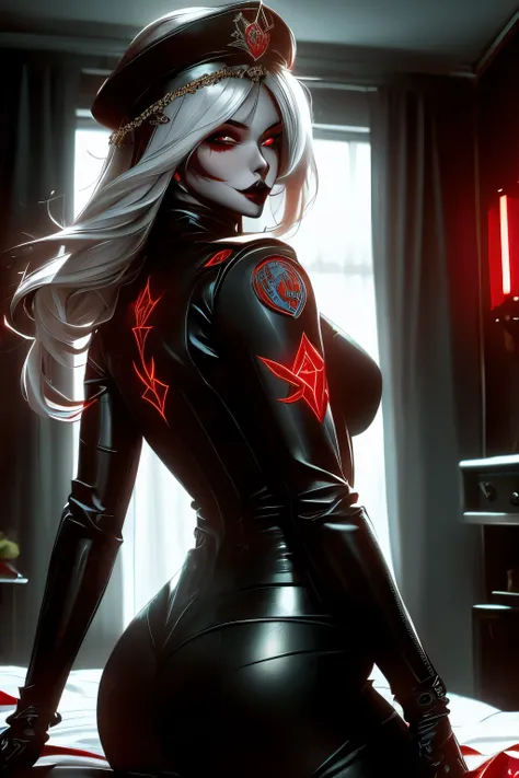 a lonely woman, in a bedroom, the woman is wearing a dark black suit, bright red eyes, dark black lipstick, 8k ultra hd, full hd, cinematic, emotional, She's communist officer uniform, sonw white hair in a cult cut style, and a dominant stance, lonly_sexy...