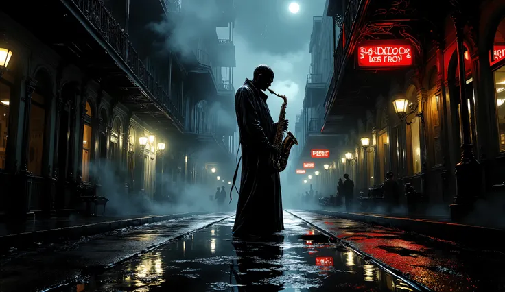 Lone ghost jazz saxophonist, rain-drenched street corner in New Orleans French Quarter, playing saxophone soulfully, night scene 1940s, steam rising from manholes, wet cobblestone streets reflecting neon signs, historic ornate buildings, dramatic low-key l...