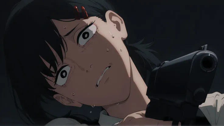 kobeni chainsaw man, dynamic angle, attractive, beautiful, head tilt, blank eyes, dark background, full face, nervous, sweat, pointing a gun, masterpiece, best quality