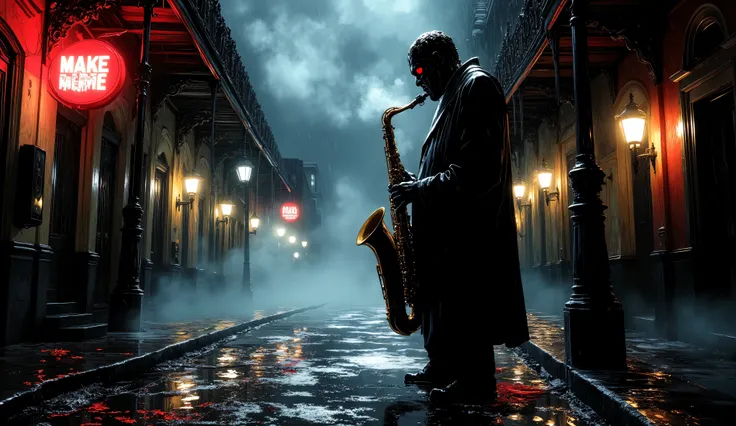 Lone monster jazz saxophonist, rain-drenched street corner in New Orleans French Quarter, playing saxophone soulfully, night scene 1940s, steam rising from manholes, wet cobblestone streets reflecting neon signs, historic ornate buildings, dramatic low-key...