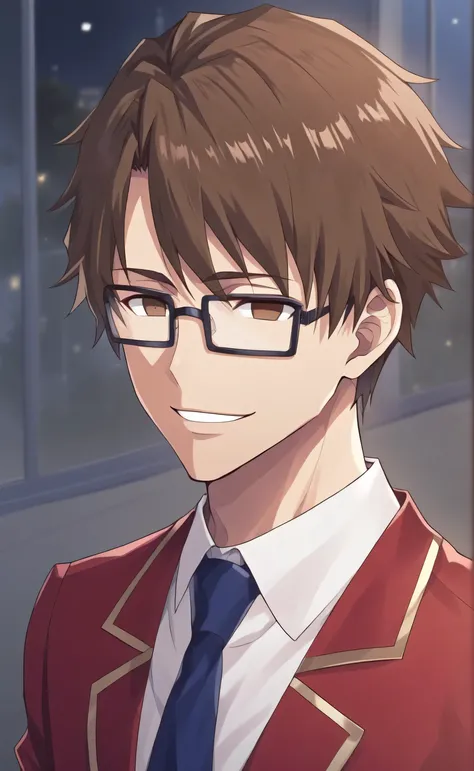 1male,solo,young,sousuke_aizen,brown hair,brown eyes,empty eyes,short hair,square glasses,black glasses,smile,red_blazer, white_shirt,blue necktie,muscle,night,school,male_focus,