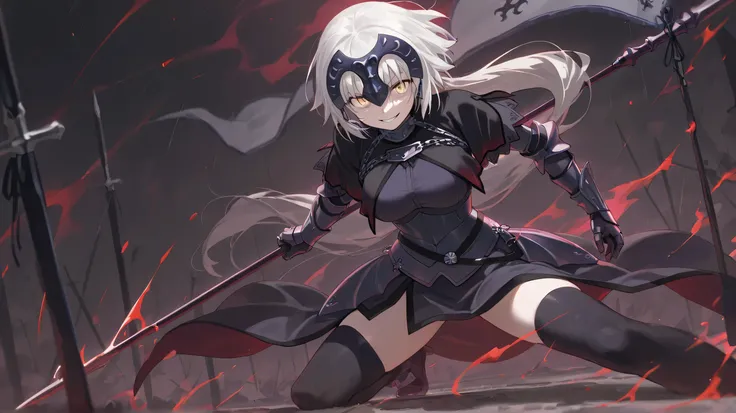 alter jeanne d arc, dynamic angle, looking confident, holding her flag weapon, best posing, grin, scary, intimidating aura, masterpiece, darker background, weapons on the ground in the background, raining