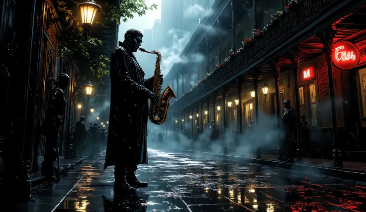 Lone monster jazz saxophonist, rain-drenched street corner in New Orleans French Quarter, playing saxophone soulfully, night scene 1940s, steam rising from manholes, wet cobblestone streets reflecting neon signs, historic ornate buildings, dramatic low-key...