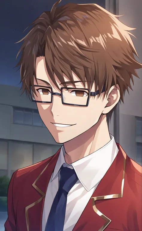 1male,solo,young,sousuke_aizen,brown hair,brown eyes,empty eyes,short hair,square glasses,black glasses,smile,red_blazer, white_shirt,blue necktie,muscle,night,school,male_focus,