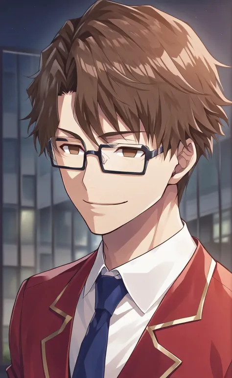 1male,solo,young,sousuke_aizen,brown hair,brown eyes,empty eyes,short hair,square glasses,black glasses,smile,red_blazer, white_shirt,blue necktie,muscle,night,school,male_focus,