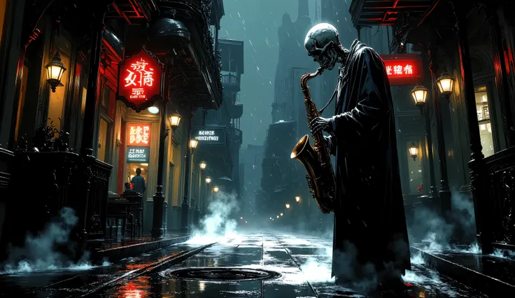 Lone skeleton jazz saxophonist, rain-drenched street corner in New Orleans French Quarter, playing saxophone soulfully, night scene 1940s, steam rising from manholes, wet cobblestone streets reflecting neon signs, historic ornate buildings, dramatic low-ke...