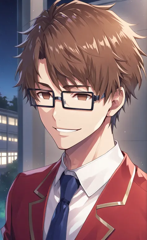 1male,solo,young,sousuke_aizen,brown hair,brown eyes,empty eyes,short hair,square glasses,black glasses,smile,red_blazer, white_shirt,blue necktie,muscle,night,school,male_focus,