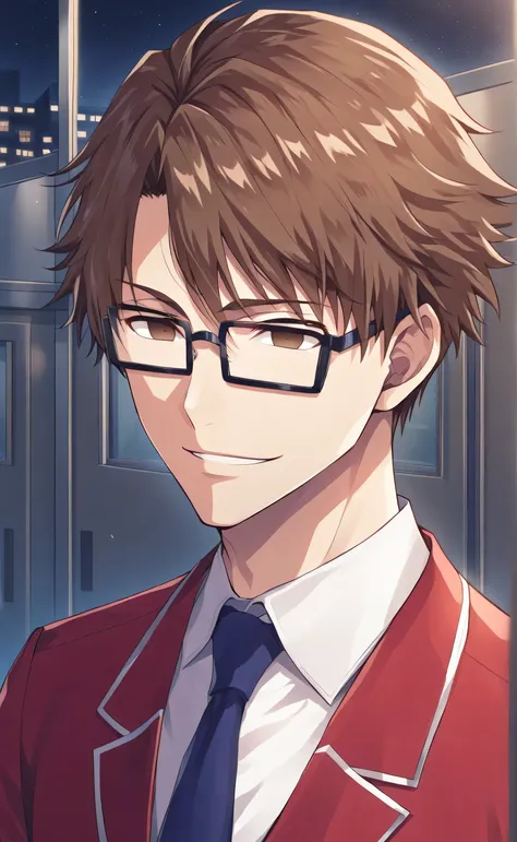 1male,solo,young,sousuke_aizen,brown hair,brown eyes,empty eyes,short hair,square glasses,black glasses,smile,red_blazer, white_shirt,blue necktie,muscle,night,school,male_focus,