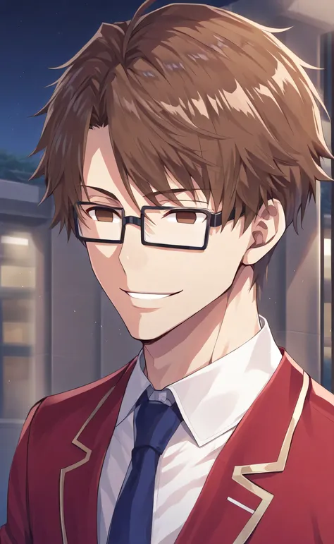 1male,solo,young,sousuke_aizen,brown hair,brown eyes,empty eyes,short hair,square glasses,black glasses,smile,red_blazer, white_shirt,blue necktie,muscle,night,school,male_focus,