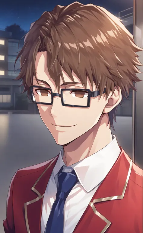 1male,solo,young,sousuke_aizen,brown hair,brown eyes,empty eyes,short hair,square glasses,black glasses,smile,red_blazer, white_shirt,blue necktie,muscle,night,school,male_focus,