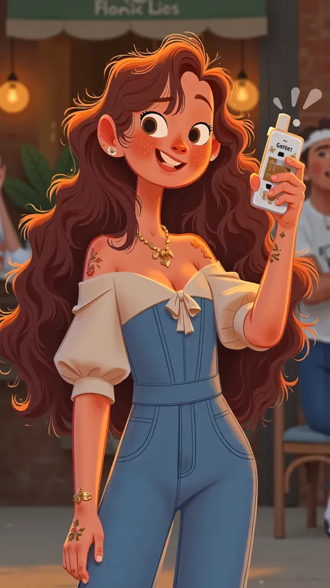 Confident blind date:First-person perspective cuts into,Cafe。Female protagonist(long brown hair,blue dress)with a confident smile,Lean forward,Active questioning;Camera tempo slowing down,gently pushes the mirror and switches sideways,浅景深聚焦Female protagoni...