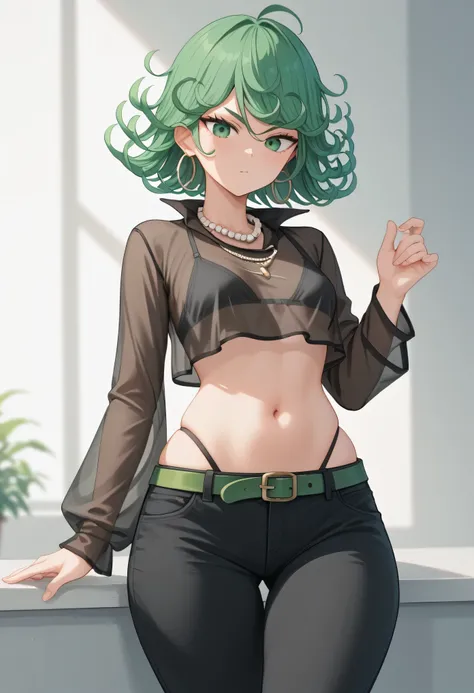 tatsumaki171,short hair,navel,jewelry,underwear,green eyes,panties,earrings,green hair,midriff,pants,necklace,bral,dated,see-through,black panties,highleg,black pants,black bra,hoop earrings,pearl necklace,highleg panties,see-through shirt,tatsumaki,green ...