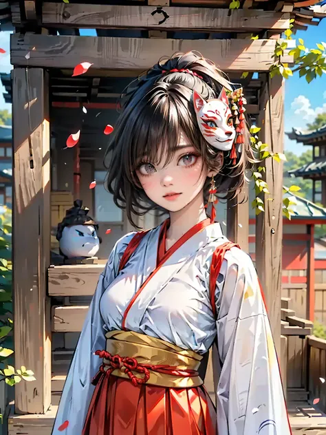 ((Top quality, super detailed, masterpiece, wallpaper, ultra realistic, photo highest resolution, 8K)), ((Many dogwood petals dancing in the wind)), ((Heterochromia iridum, silver eyes, golden eyes)), (Best portrait), ((Sparkling and detailed eyes)), ((Wea...
