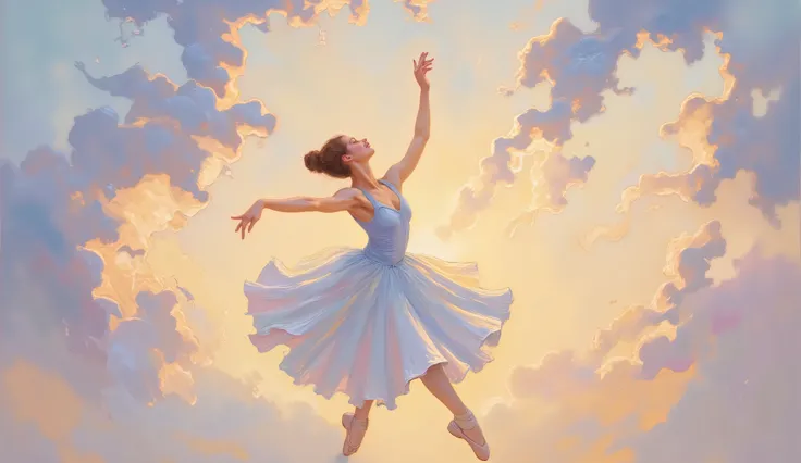 Elegant ballet dancer in flowing white tutu twirling gracefully among ethereal clouds, suspended in a dreamlike atmosphere, sunset sky with scattered cloud formations, soft golden hour lighting with diffused pastel hues, painted in the style of Claude Mone...