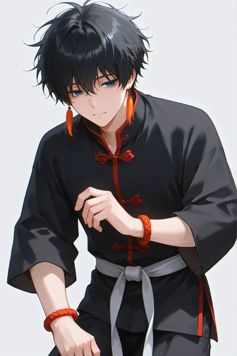 One male, short hair, messy hair, black hair, tired eyes, lazy look, blue eyes, red chinese lantern earrings, traditional martial artist uniform, black uniform, red chinese bracelets, black traditional chinese pants, front view, simple background