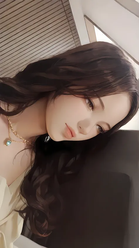 Thick, dark brown hair cascades down in voluminous waves with a glossy sheen, suggestive of healthy texture and a well-maintained appearance. A chain necklace with small, delicate pearls is draped around the neck. A shiny, circular pendant hangs prominentl...