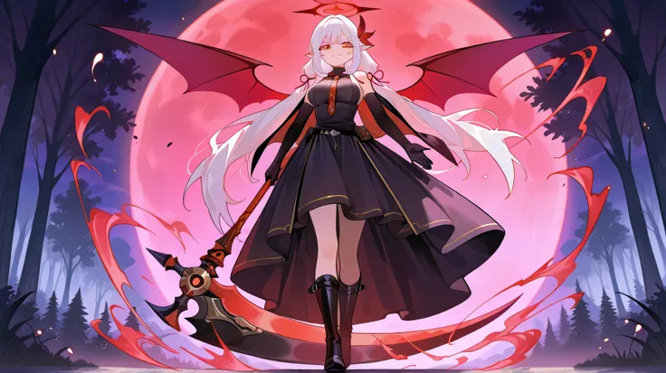 masterpiece, best quality, very aesthetic, absurdres newest, safe, expressive eyes, perfect face, Adult Elf girl red eyes, white hair, white eyelashes, extra very long twin pigtails, black dress with red, medium breasts, red ribbons hair, portrait, happy f...