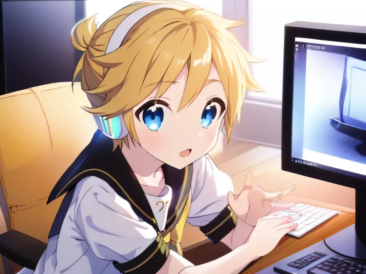 one_boy_Kagamine_Len_Vocaloid_light_blue_eyes_blond_hair_sailor_white_shirt_hands_on_keyboard_sitting_on_chair_facing_viewer_computer_desk