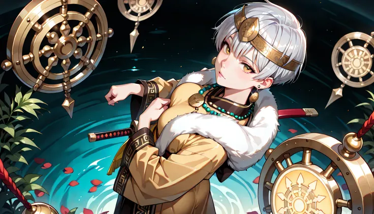 ((masterpiece, best quality, ultra detailed, high resolution, beautiful detailed face, beautiful detailed eyes, perfect hands, 4K)), (1 woman, solo), (medium breasts), (girl with short pixie cut, straight bangs, soft layers, neat around ears and nape, silv...