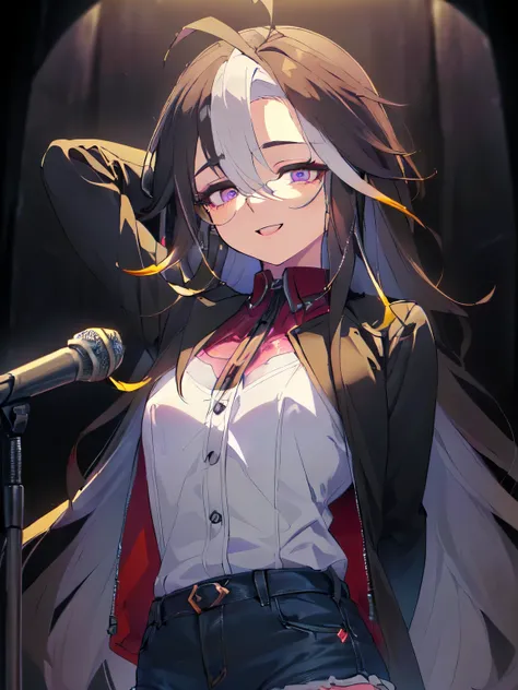 (Solo, Alone, Little Sister Attribute, Clothes that cover the chest, Short, Short arms, Smooth skin, Cute face, Purple eyes, Wearing big headphones, Standing in front of a big microphone stand, Super long wavy hair, Ahoge, Black long sleeve outer jacket, W...