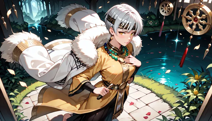 ((masterpiece, best quality, ultra detailed, high resolution, beautiful detailed face, beautiful detailed eyes, perfect hands, 4K)), (1 woman, solo), (medium breasts), (girl with short pixie cut, straight bangs, soft layers, neat around ears and nape, silv...