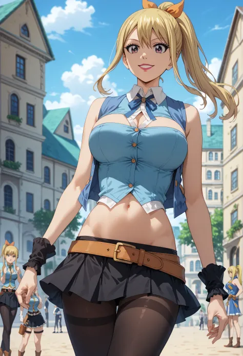 masterpiece, Top quality, high resolution, lucy heartfilia, blond hair, ponytail, Big breasts, Black Tights, loose sleeve, stomach, Short vest, strapless, belts, Black Skirt, cowboy pics, Indoor, Smile, Lipstick 