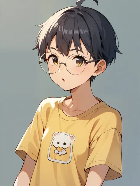 SCORE_9, SCORE_8_UP, SCORE_7_UP, SCORE_6_UP, SCORE_5_UP, SCORE_4_UP, Anime,nsfw,Uncorrected,young ,baby-like face,very small breast,small,skinny,imagine yourself as a Japanese person with round glasses like in the animation,yellow t-shirt and dark blue min...