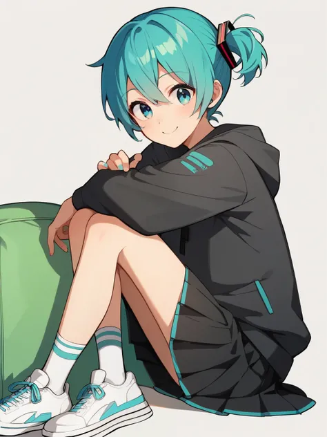 SCORE_9, SCORE_8_UP, SCORE_7_UP, SCORE_6_UP, SCORE_5_UP, SCORE_4_UP, Anime,nsfw,Uncorrected,young with turquoise hair,Short Height,Petite,skinny,Hatsune Miku, Blue eyes, wearing cyan trainers, hooded, black student skirt, Smiling, Anime, white sneakers, l...