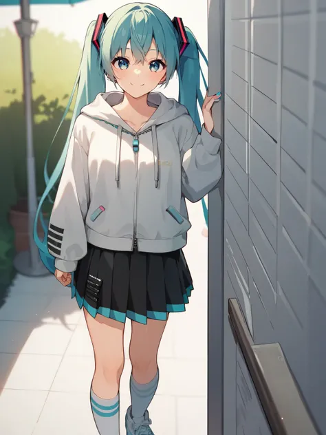SCORE_9, SCORE_8_UP, SCORE_7_UP, SCORE_6_UP, SCORE_5_UP, Anime,nsfw,Uncorrected,young with turquoise hair,Short Height,Petite,skinny,Hatsune Miku, Blue eyes, wearing cyan trainers, hooded, black student skirt, Smiling, Anime, white sneakers, long socks, L...