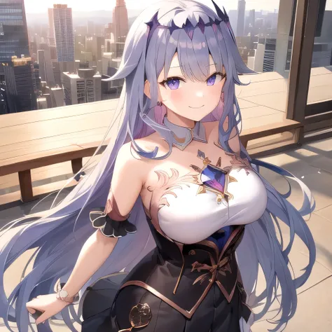  
1girl,Koseki Bijou,Long hair,portrait,(detailed_face:1.2),Grinning Face with Smiling Eyes,big breasts,cityscape,tokyo,Thigh,skirt